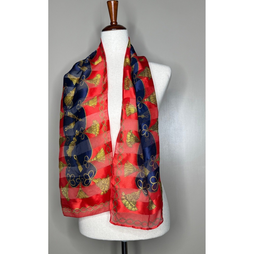 Red Navy Chain Tassel Scarf Equestrian Silk Feel Vintage Style